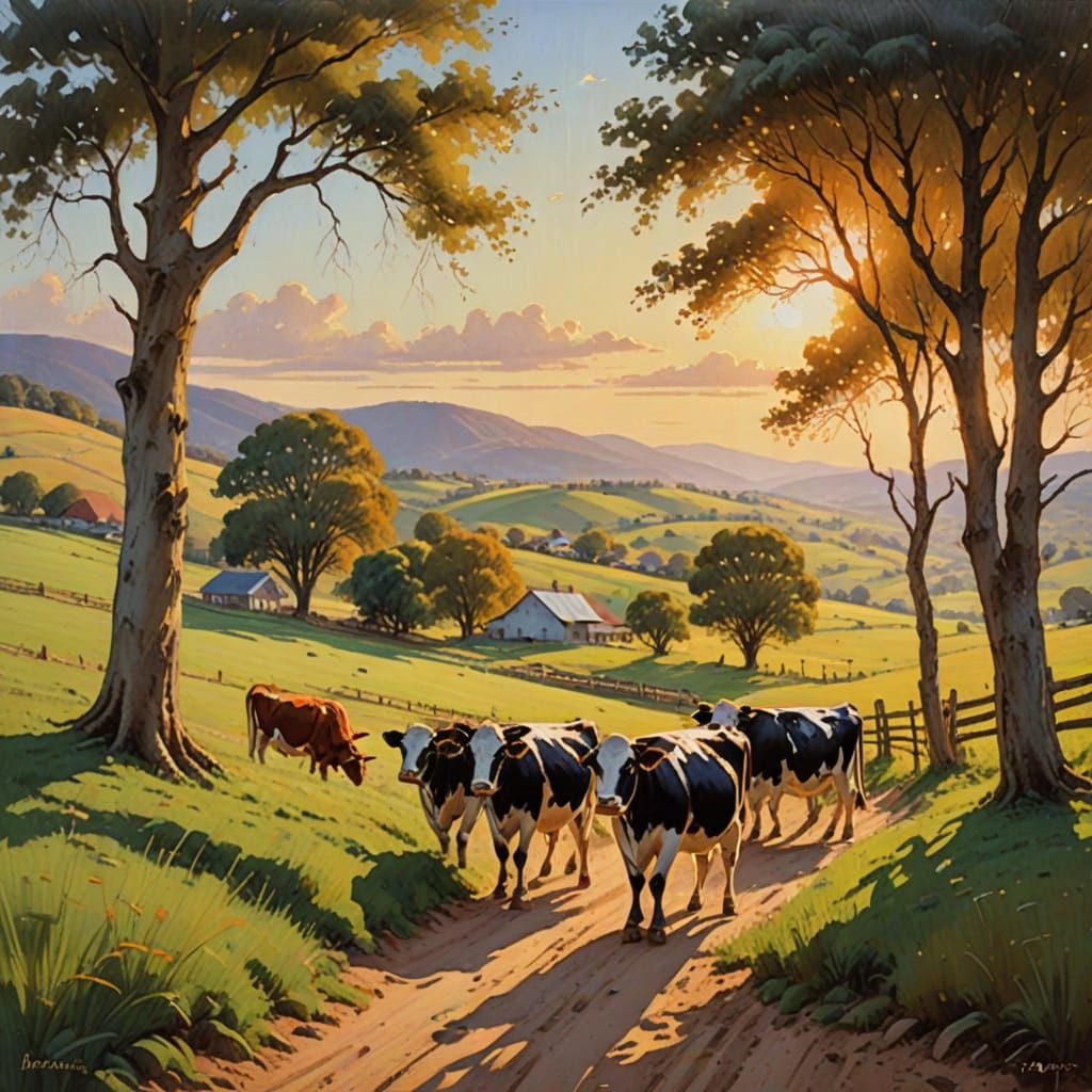 Boy Herding Cows in Golden Light, Impasto Oil Painting