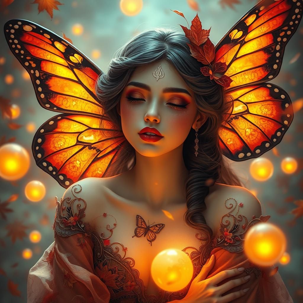 Autumn Butterfly Woman in Dreamlike Art Nouveau Style