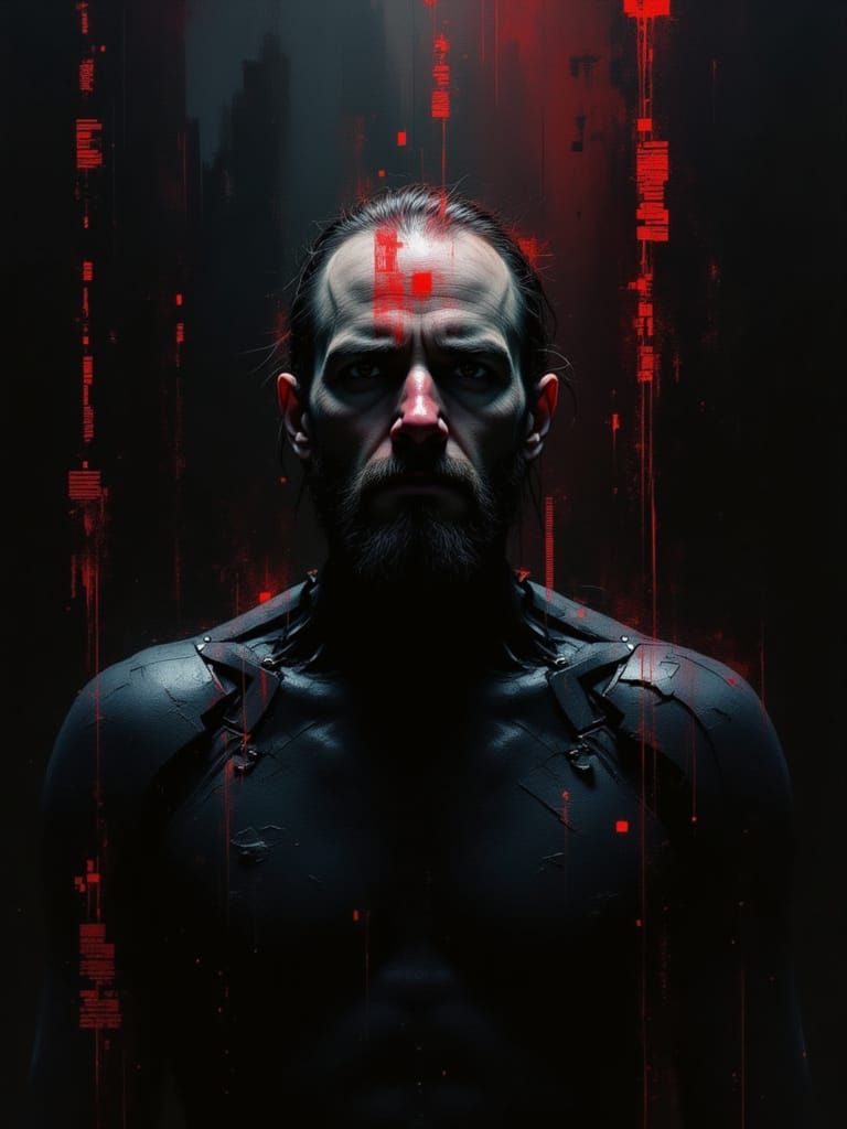 Cybernetic Portrait with Crimson Data Streams