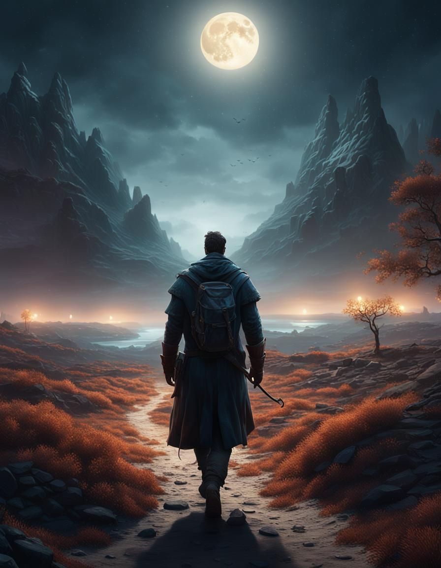 Man Walks Alone in Moonlight: Detailed Matte Painting