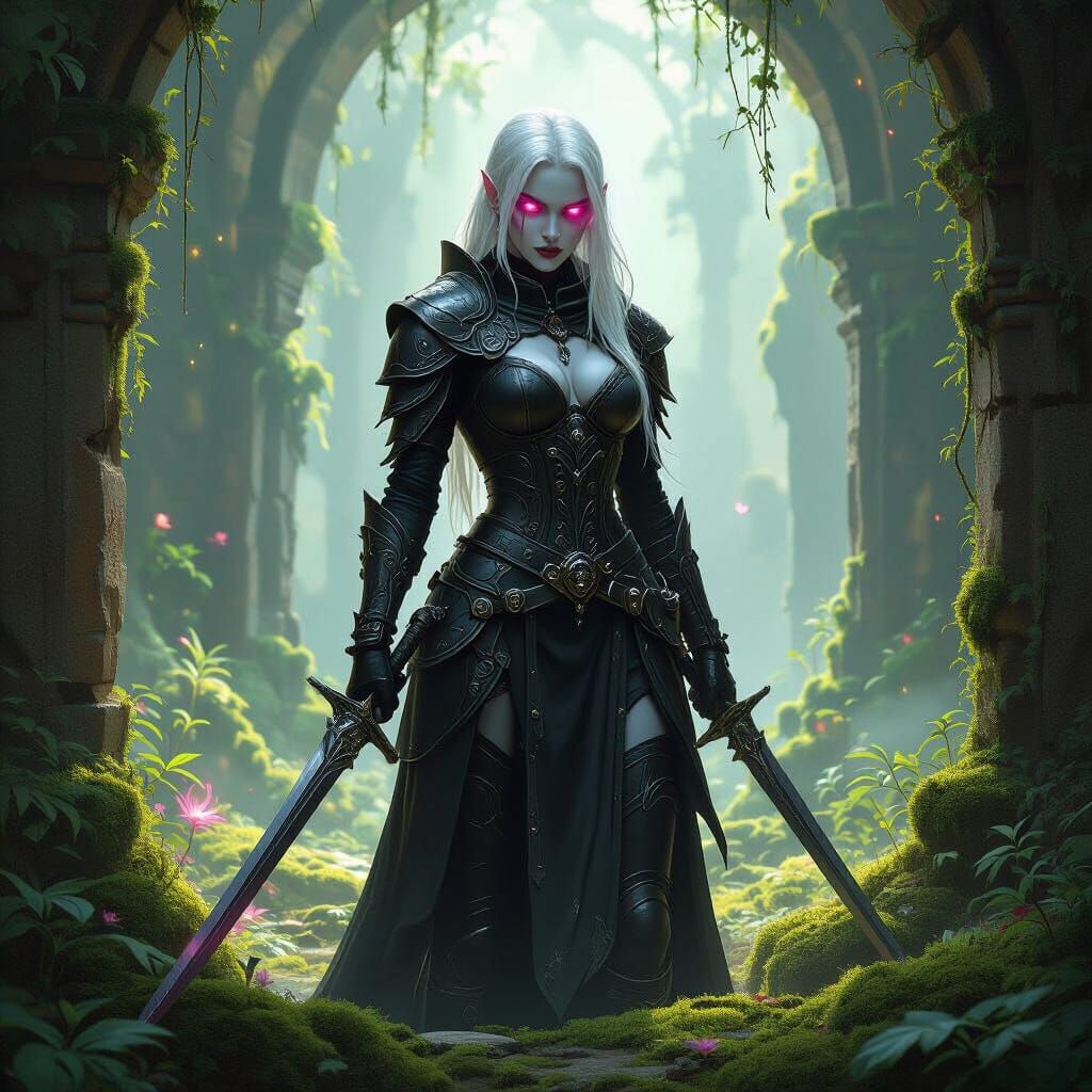 Albino Drow Warrior Guarding Overgrown Temple
