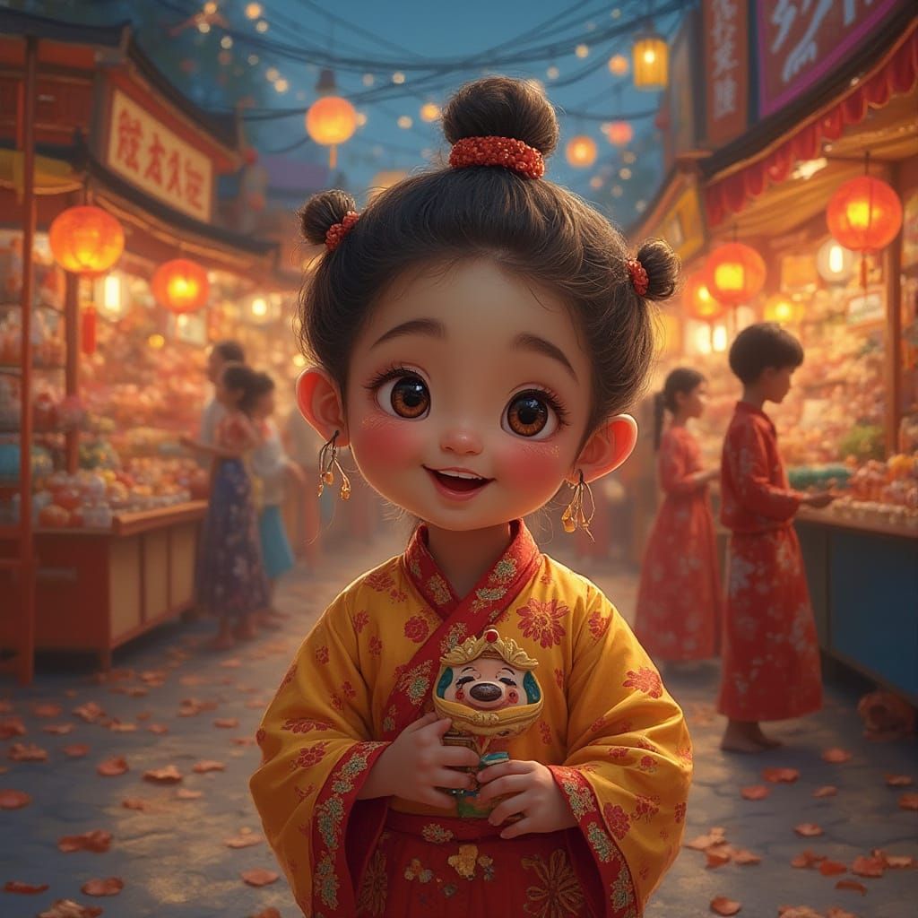 Joyful Girl in Festival Attire at Night Market