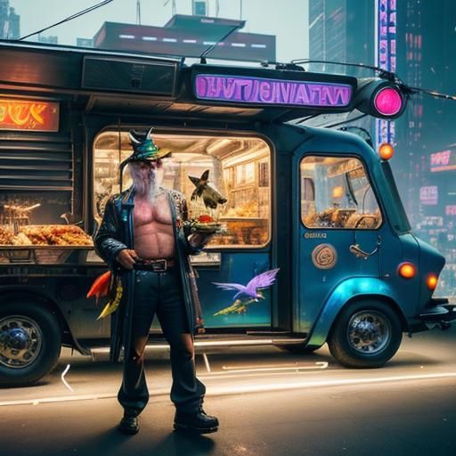 Psychedelic Bird Food Truck in Cyberpunk City
