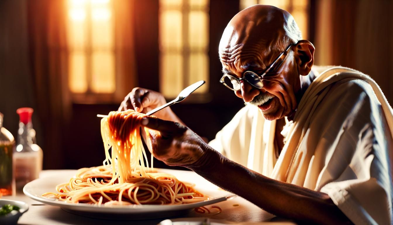 Ghandi eating sloppy spaghetti