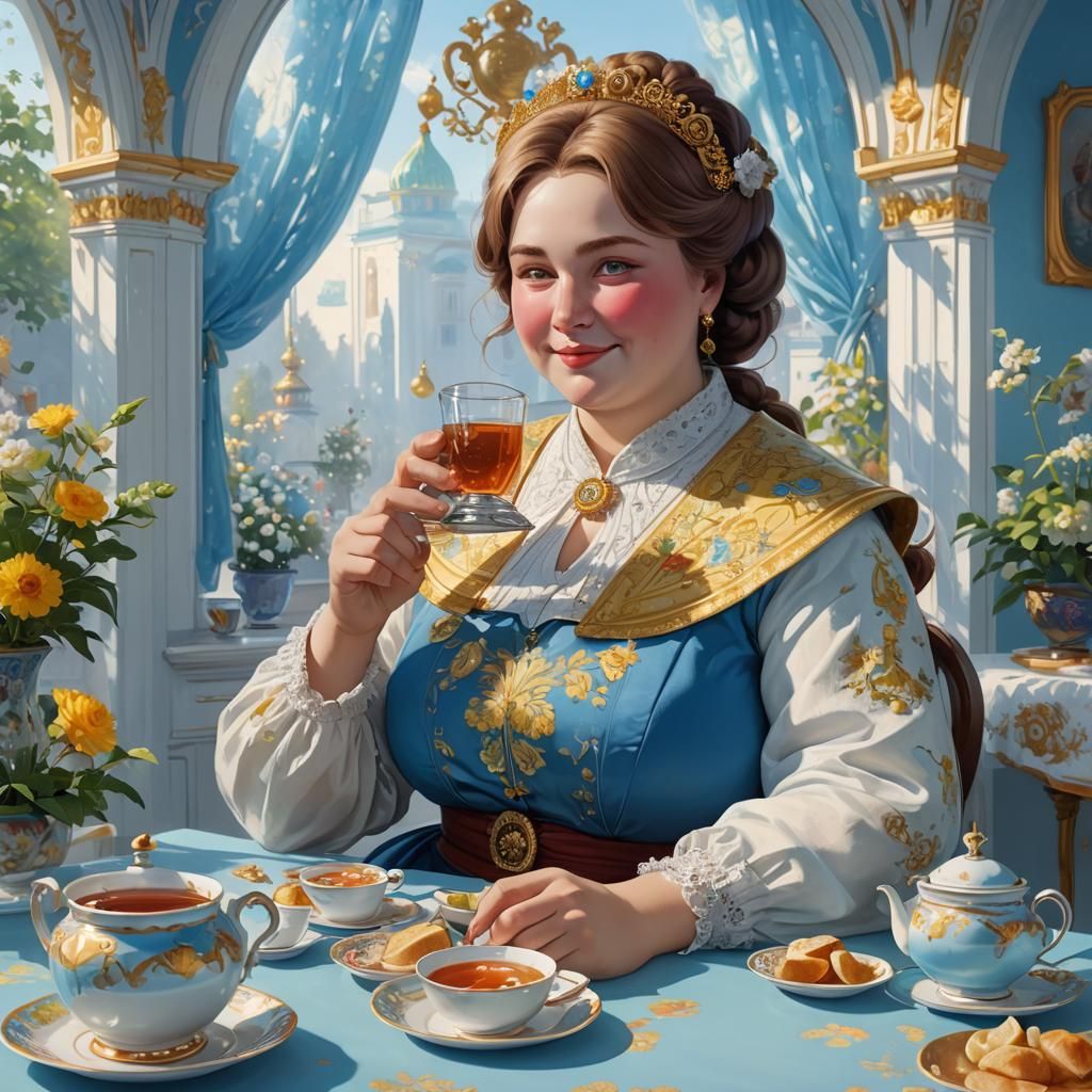 Rich Woman Drinking Tea in Kustodiev Style