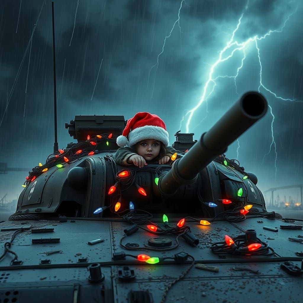 Post-Apocalyptic Girl Peeks from Abrams Tank in Christmas Li...