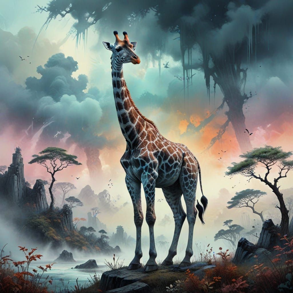 Giraffe in the style of Sumi-e Japanese Ink Painting. Subdue...