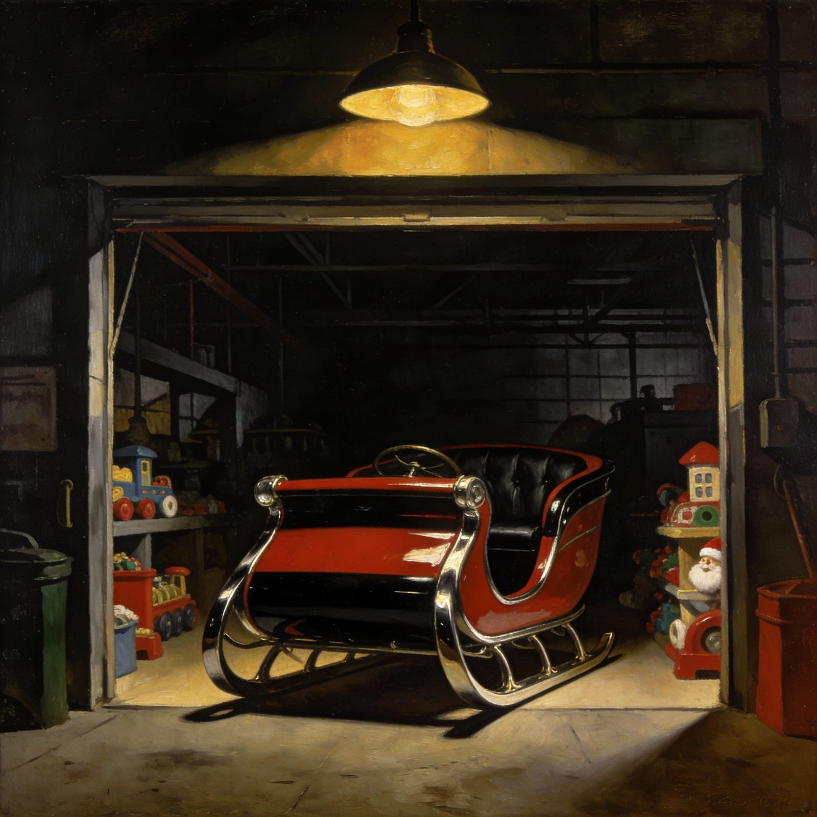 Santa's Sleigh Exiting Toy Factory in Oil Painting Style