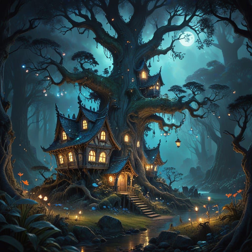 Whimsical Watercolor Fairy Village in a Dark Forest