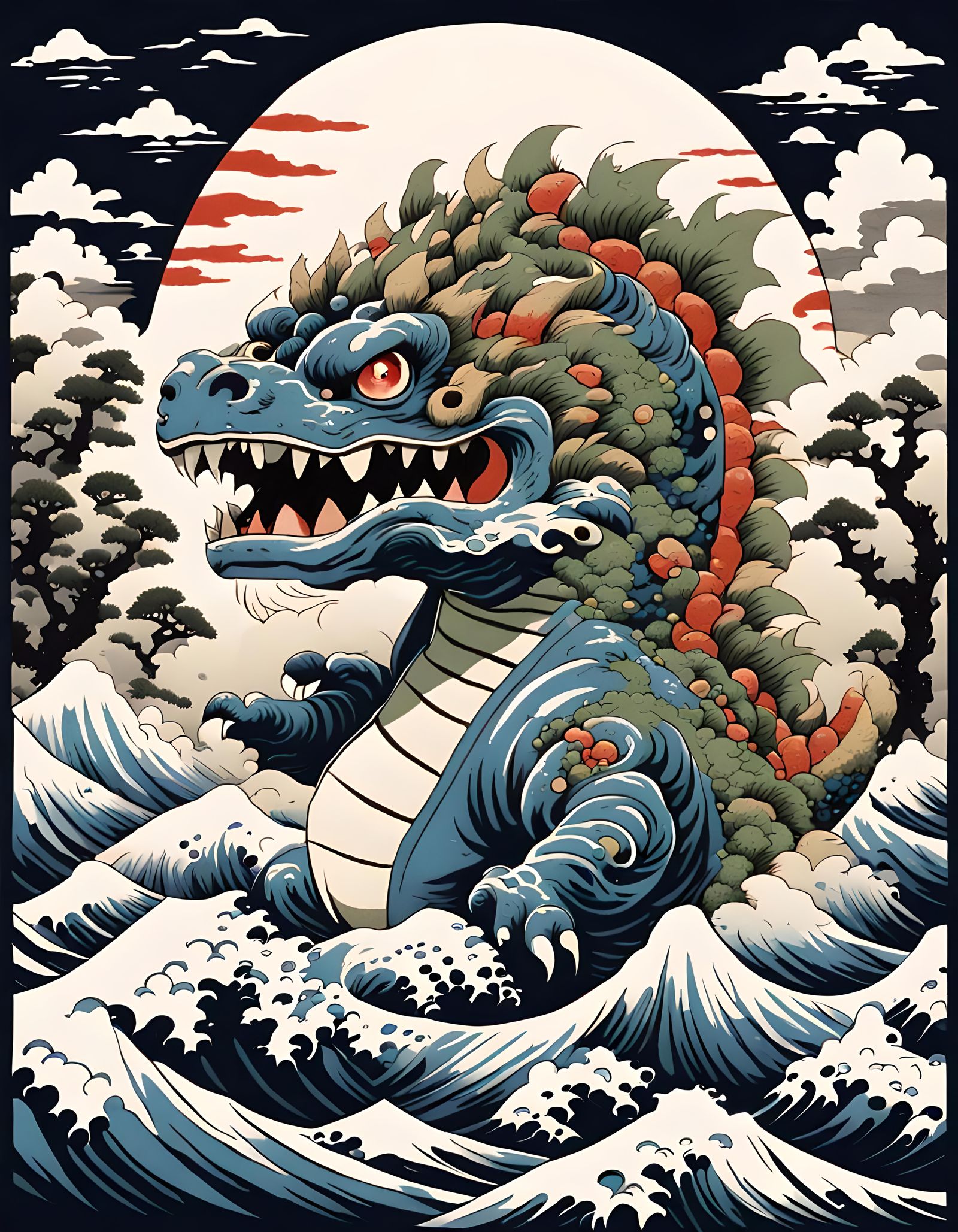 Kawaii Gojira in Traditional Japanese Woodcut Style