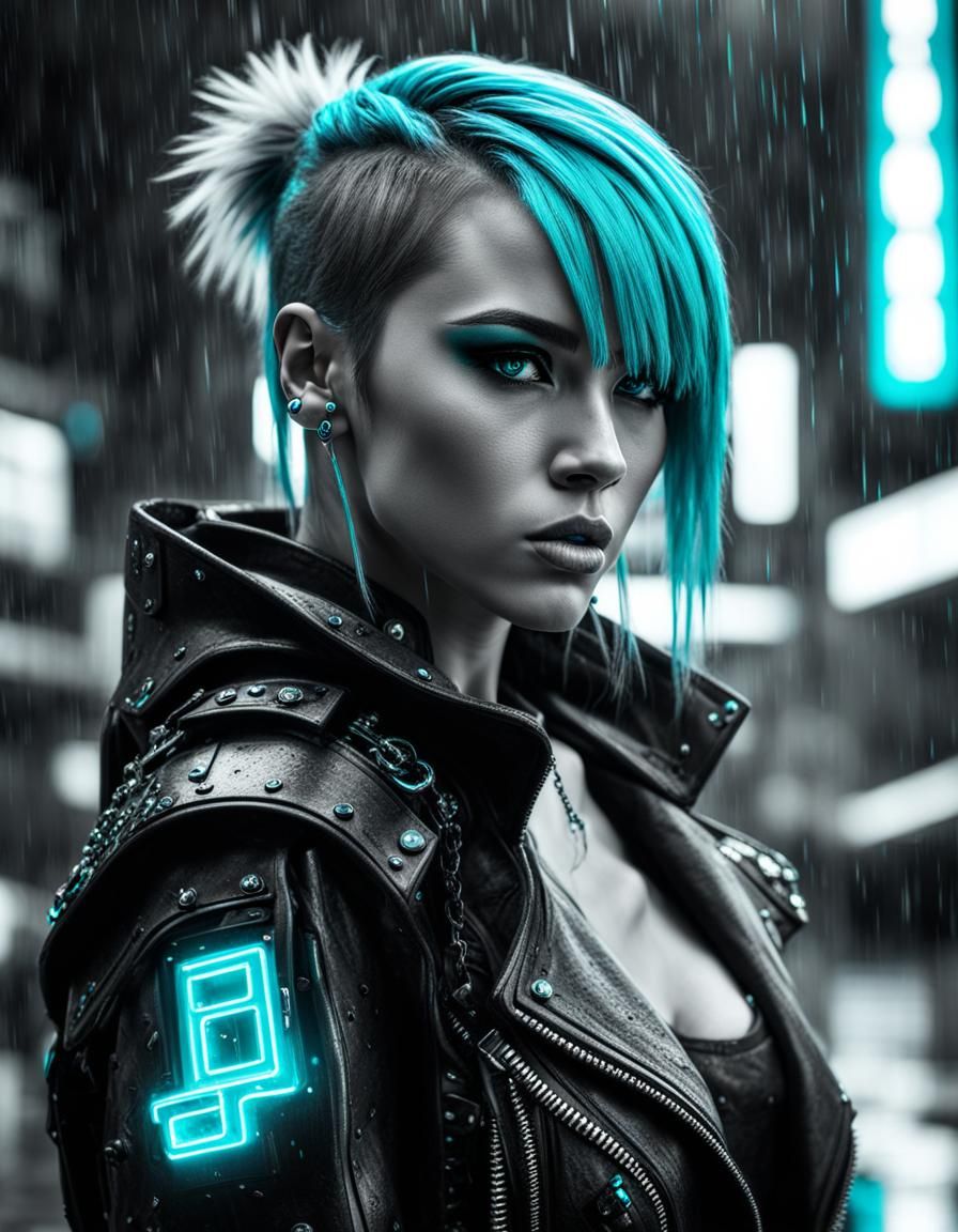 Cyberpunk Girl in Rain with Selective Neon Color