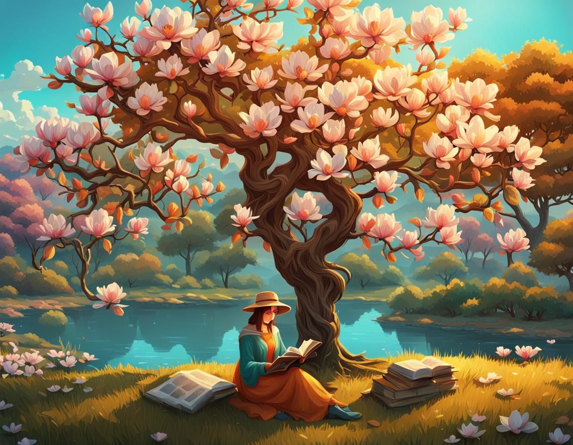 Woman Reading Under Magnolia Tree, Hyperdetailed Art