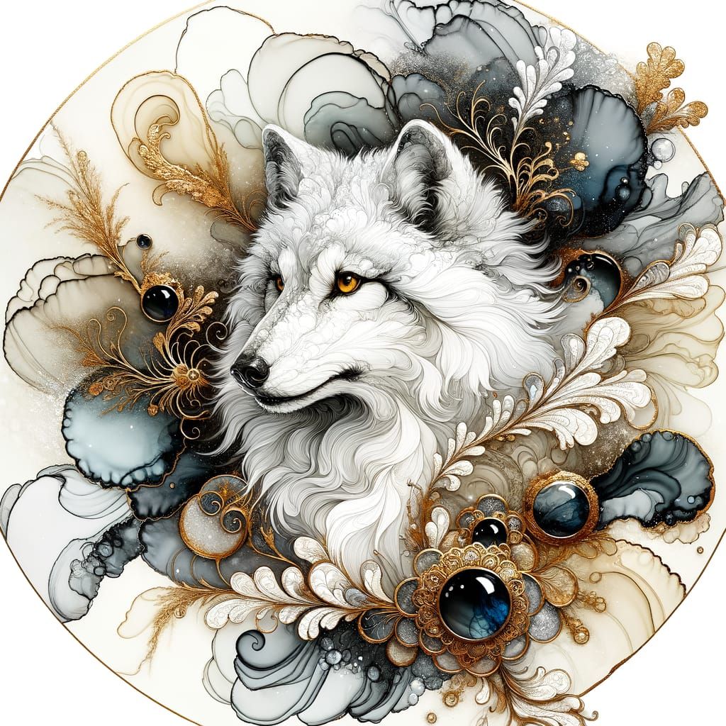Snowy Wolf in Gold-Edged Glasswork Art