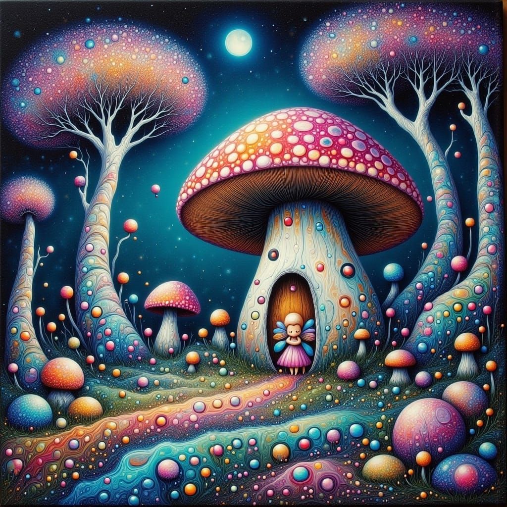 Fairy on Mushroom House in Bioluminescent Forest