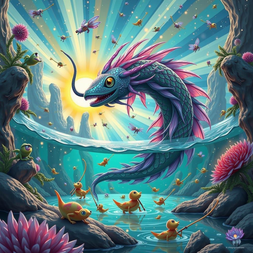 Surreal Fae-Infused Fish Monster Emerges from Turquoise Cove