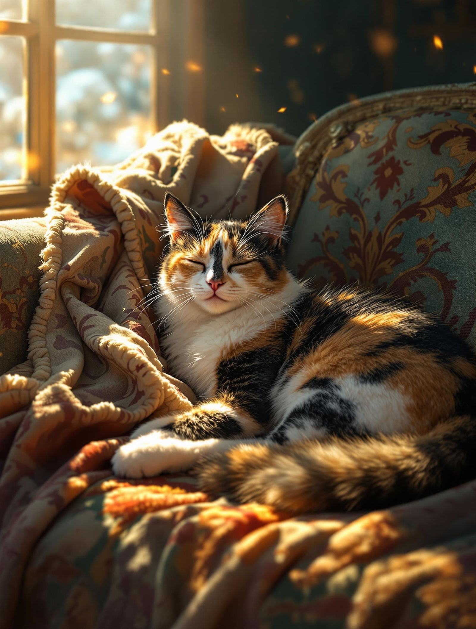 Calico Cat Lounging on Sofa in Winter Light