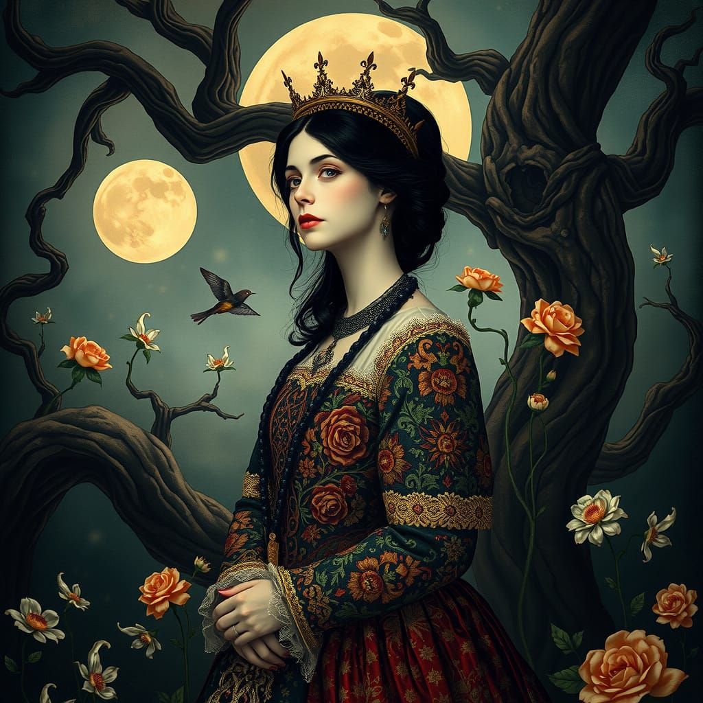 Ethereal Lady in Renaissance Attire within a Dreamlike Moonl...