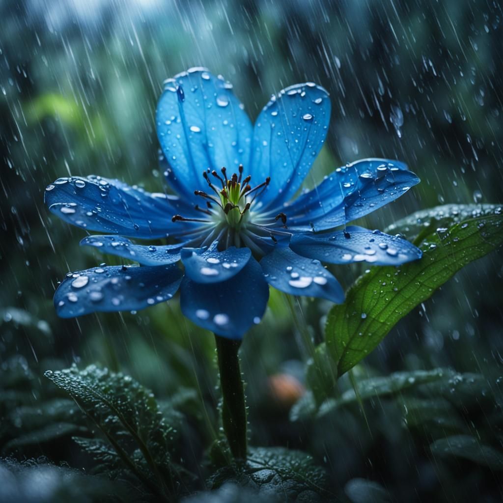Blue Glass Flower in Rainforest with Soft Lighting