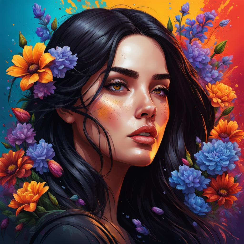 Beautiful Dark-Haired Girl with Flowers in Splash Art