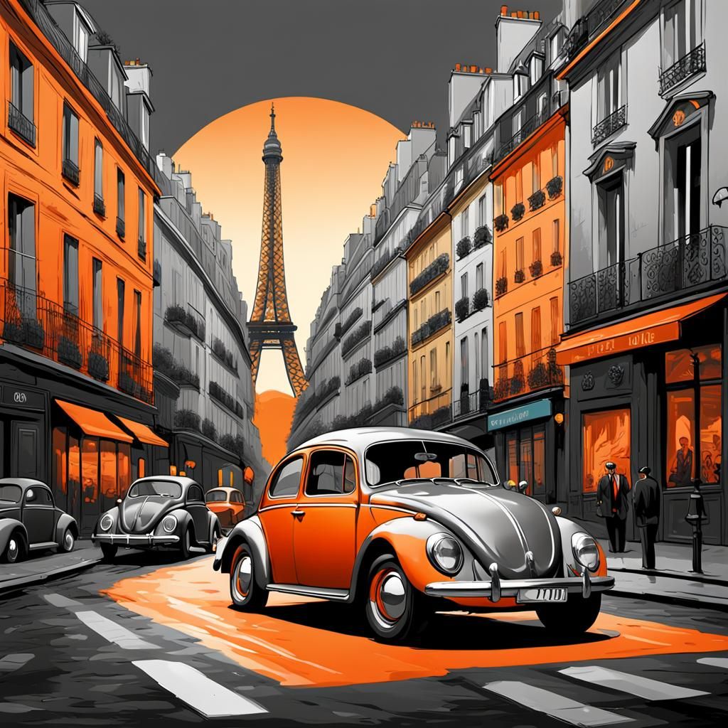 Vintage VW Beetle in Paris, Pop Art Illustration