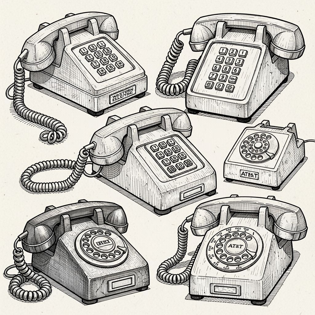 Vintage Push-Button Phones in Detailed Ink Drawings