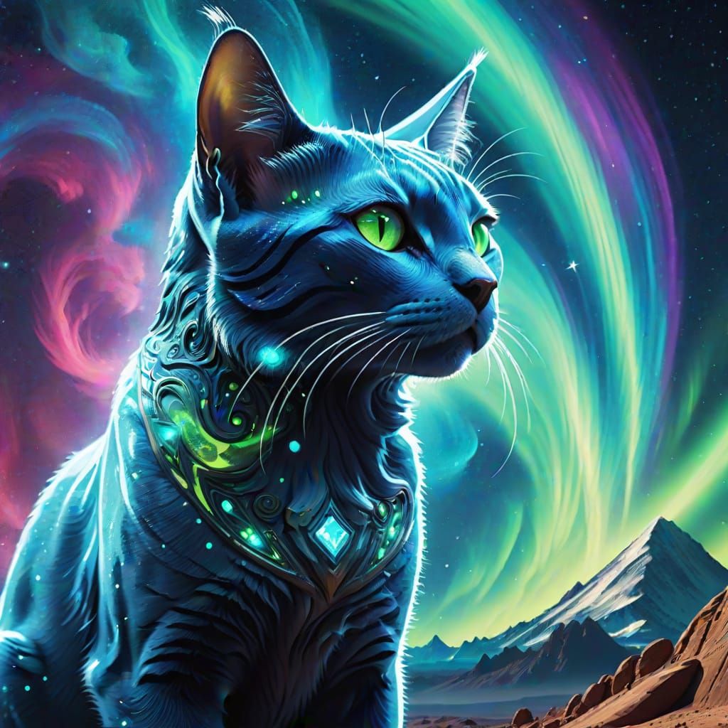 Blue Sphinx Cat with Aurora in Cosmic Space Race