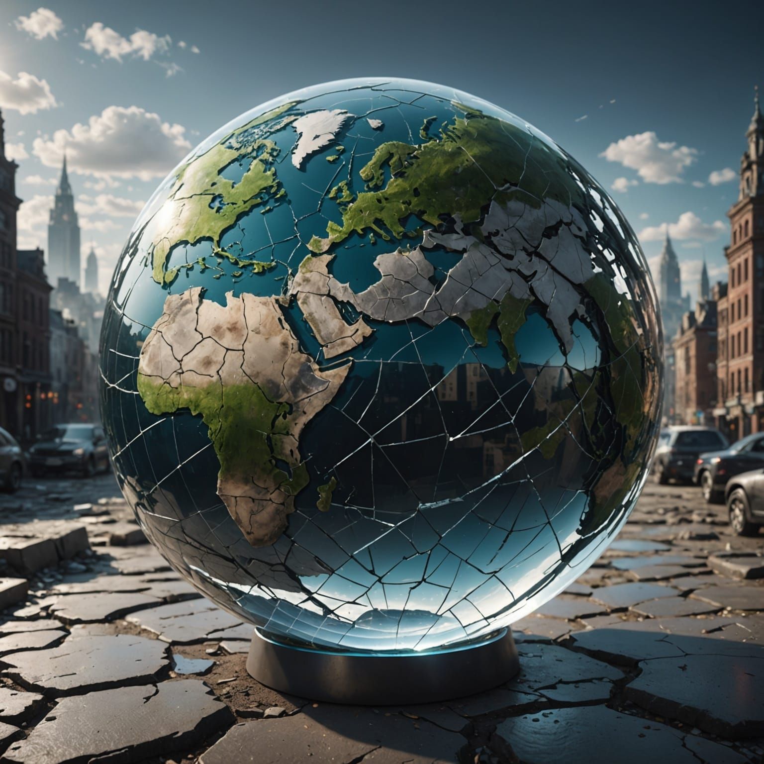 Cracked Glass Earth Sphere in Dystopian Setting