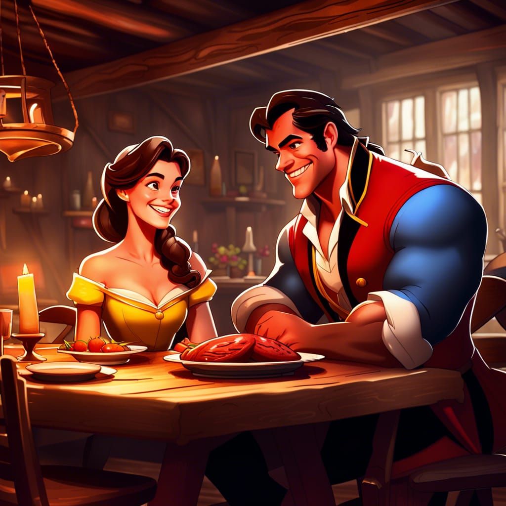Belle and Gaston Share Roast Beast Dinner