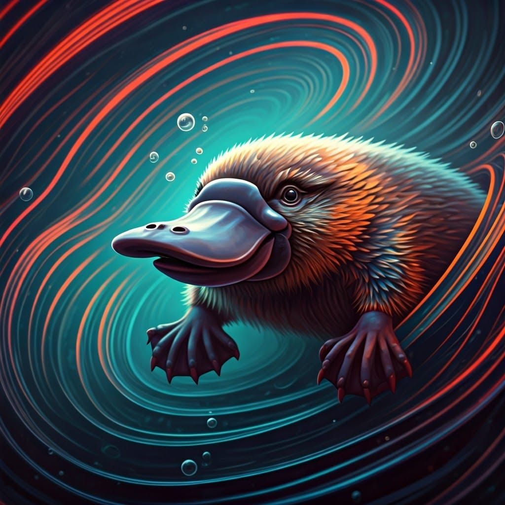 Neon Platypus in Dreamy Deep-Sea Bubbles