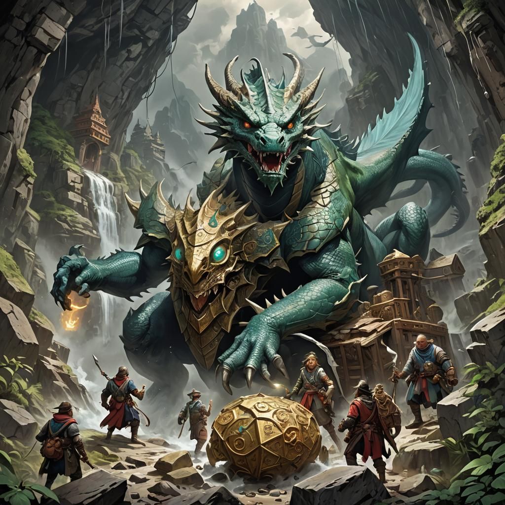Adventurers Find Storm Dragon Relic: Dark Fantasy Art