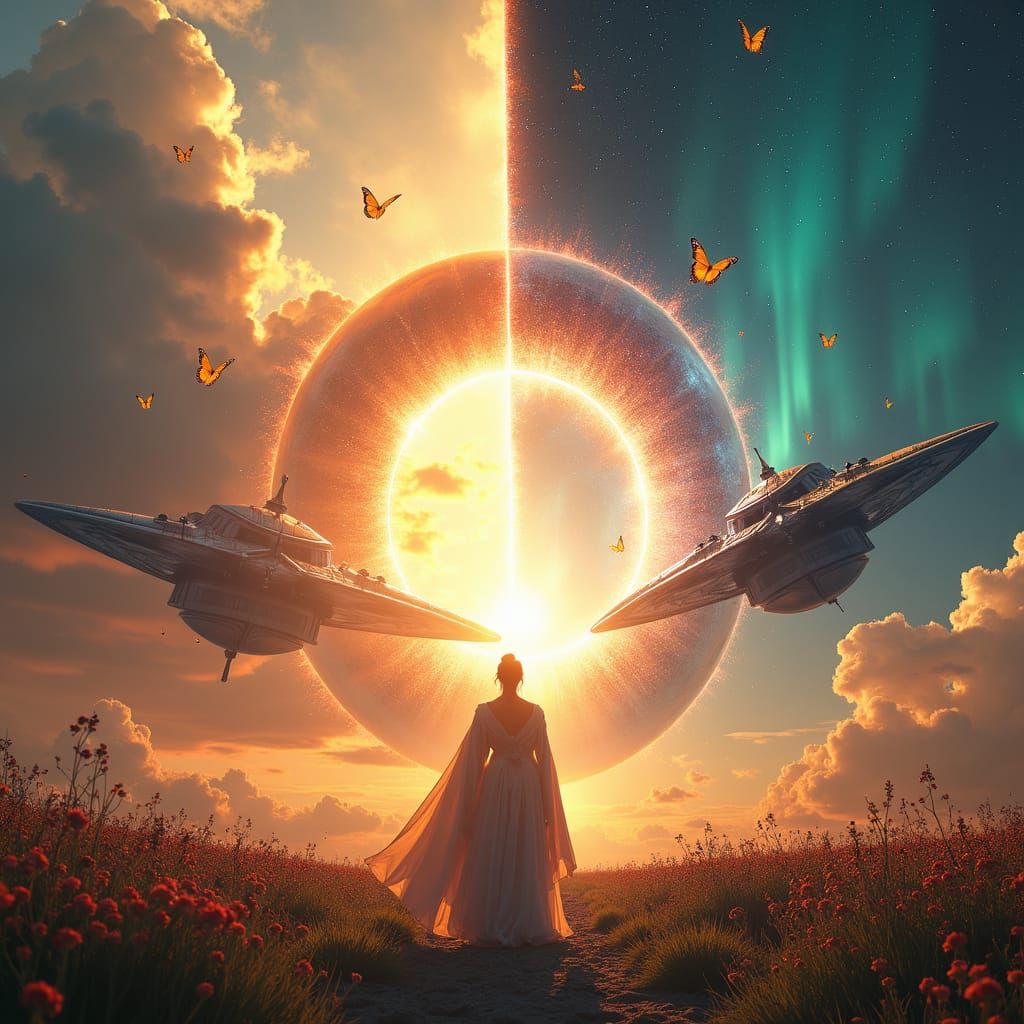 Heroic Figure Amidst Celestial Spacecraft Duel