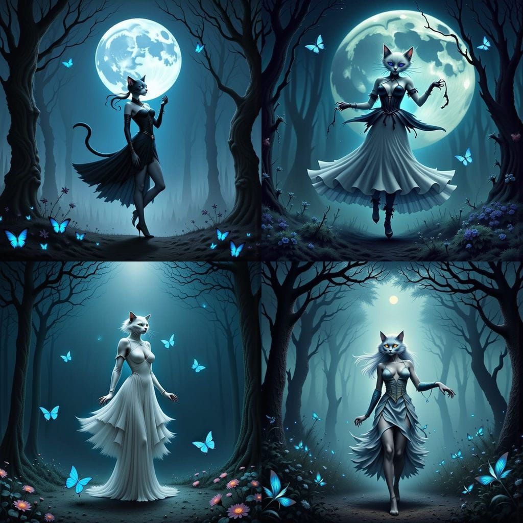 Elegant Moonlit Feline Dancer in Floral Bloom