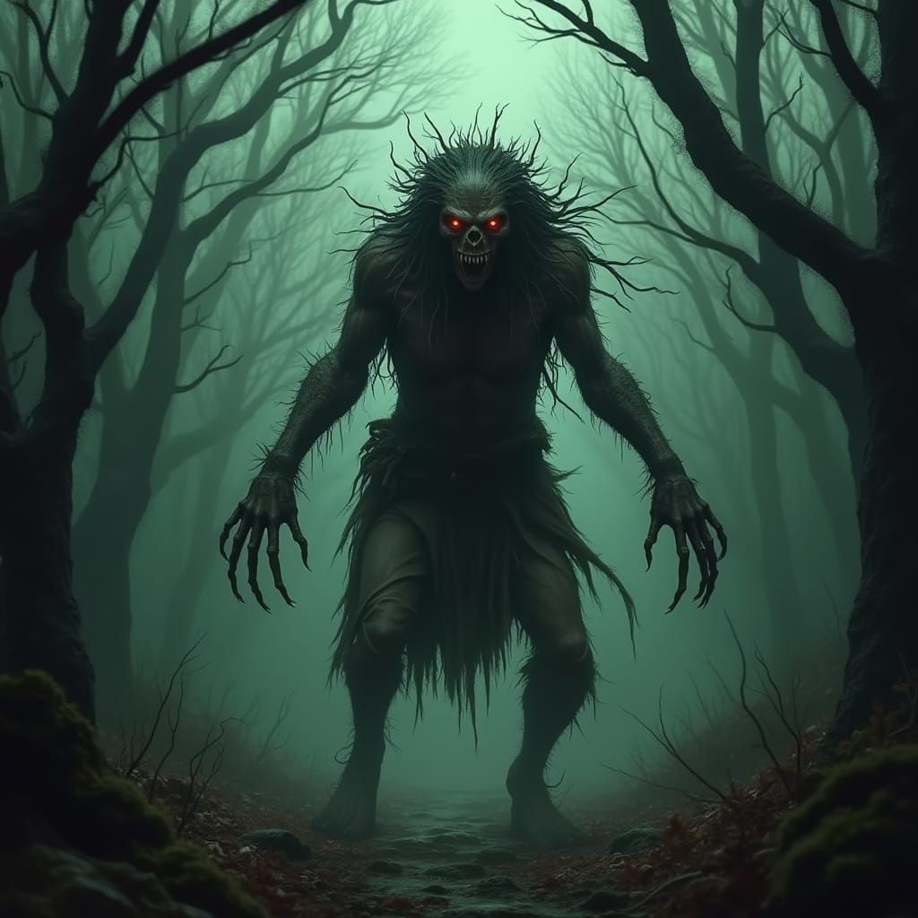 Grotesque Skinwalker in Fog-Laden Forest at Twilight