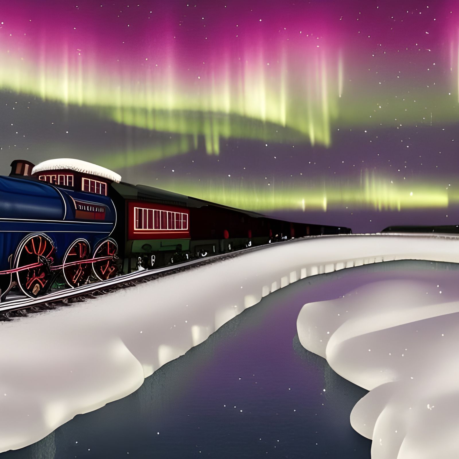 Christmas Train on Ice Bridge in Winter Landscape