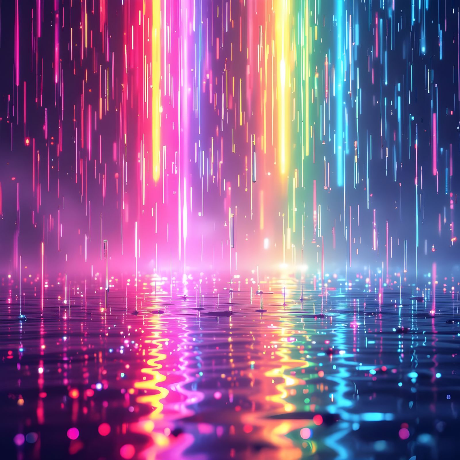 Neon Rainbow Light Illuminates Falling Rain