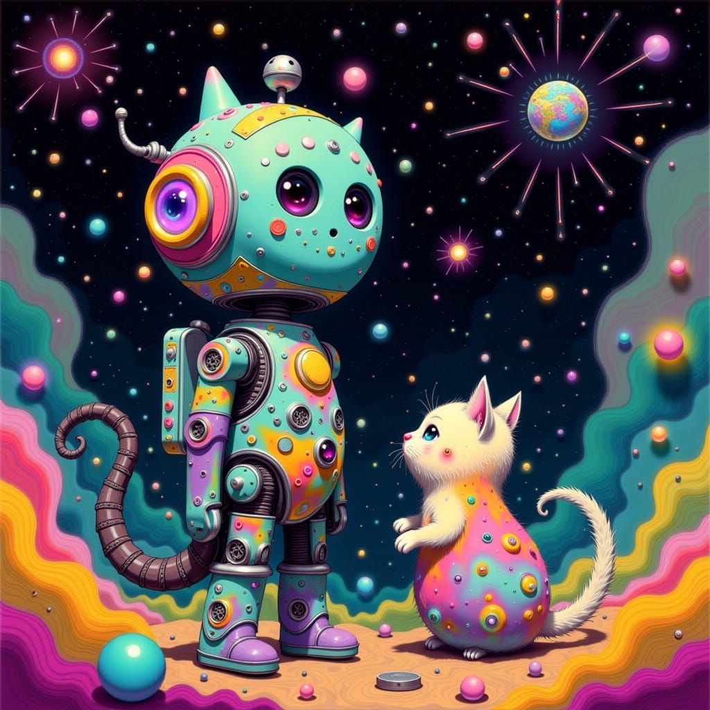 Cosmic Robot and Kitty in Celestialpunk Style