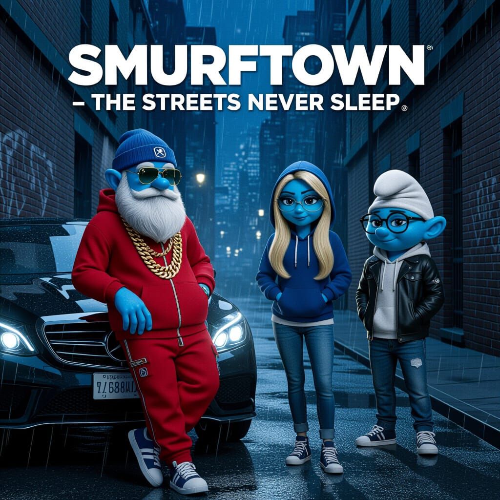Smurf-Inspired Urban Characters in Gritty 3D Movie Poster