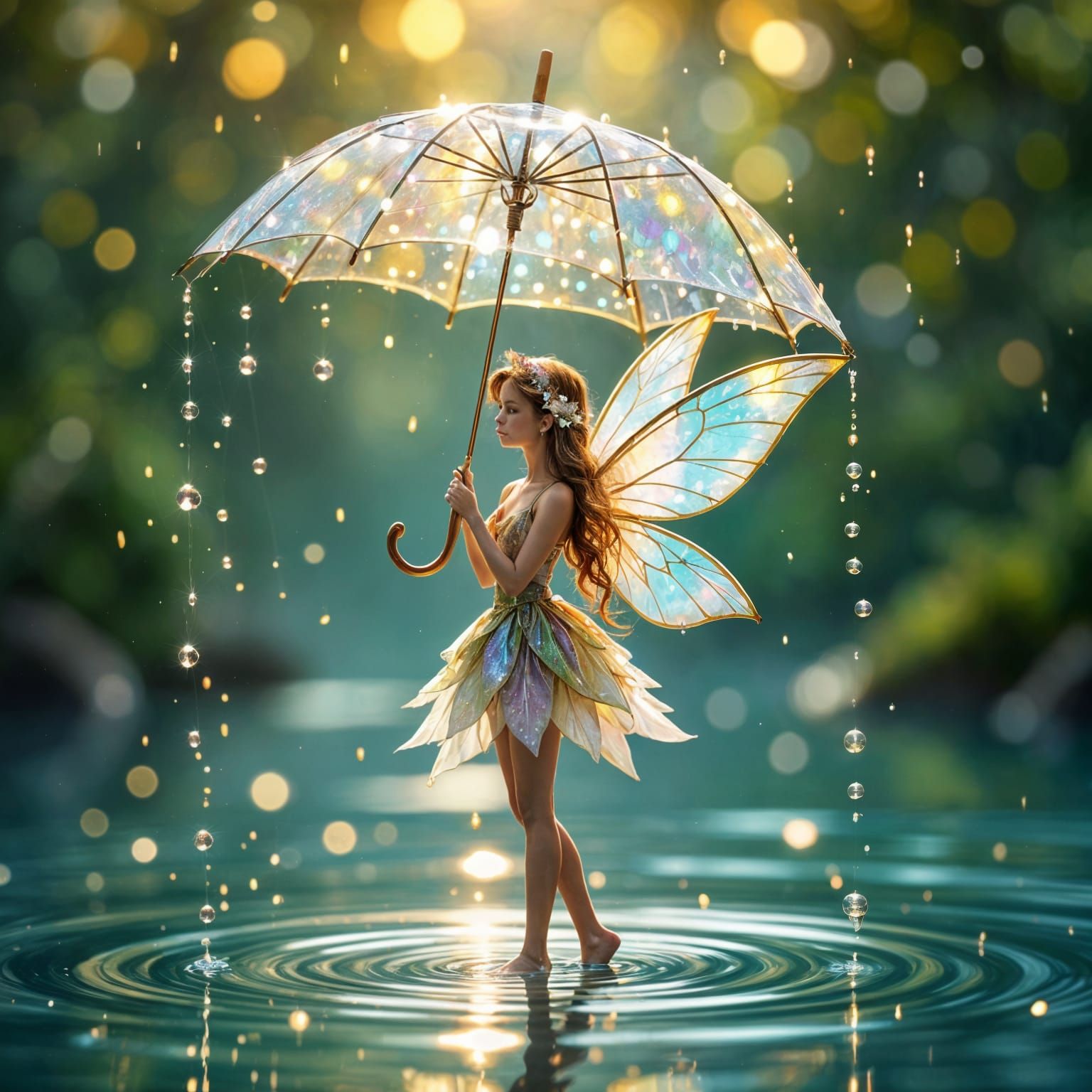 Golden Fairy with Sparkling Umbrella in Magical Light
