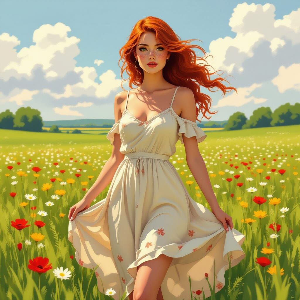 Redhead in Wildflower Field, Art Nouveau Style