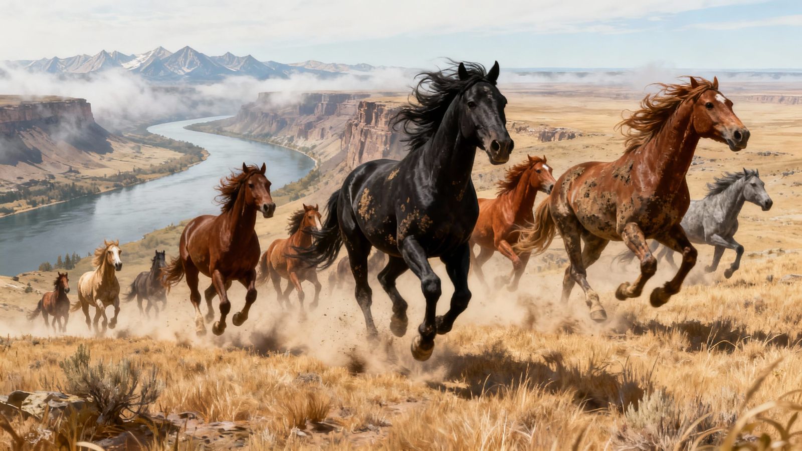 Wild Horses Galloping on High Plateau with Mountain Vista