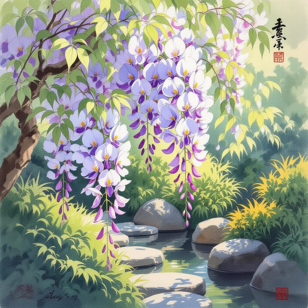 Wisteria Flowers in Japanese Garden Art