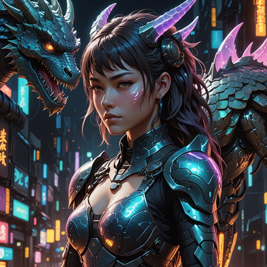 Cyberpunk Warrior-Monk in Glowing Neon Landscape