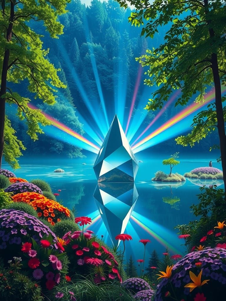 A surrealism landscape in colourfull forest.  In the middle of a lake is Aquamarin prism with reflecting rainbow beams