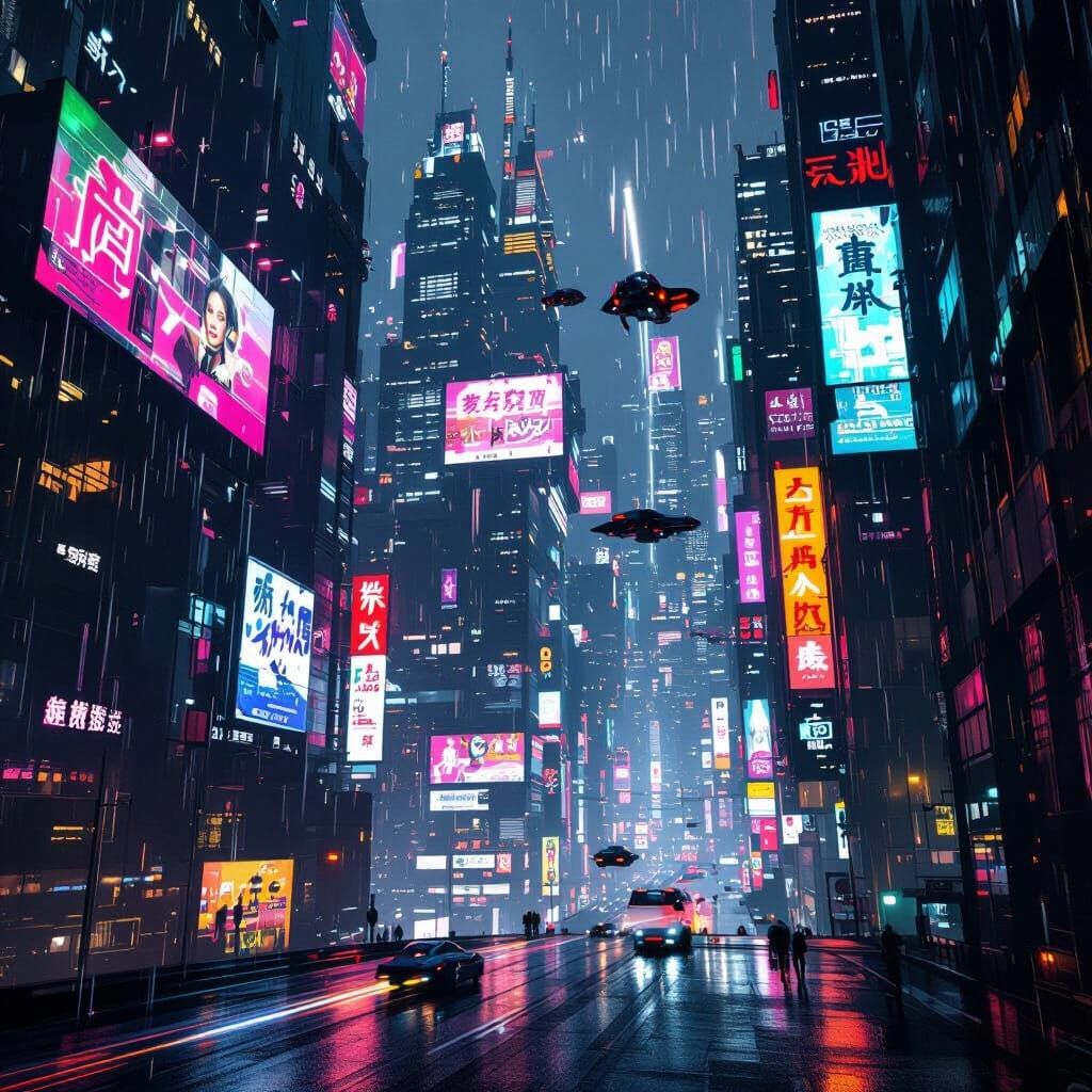 Futuristic Cityscape at Night in Cyberpunk Style