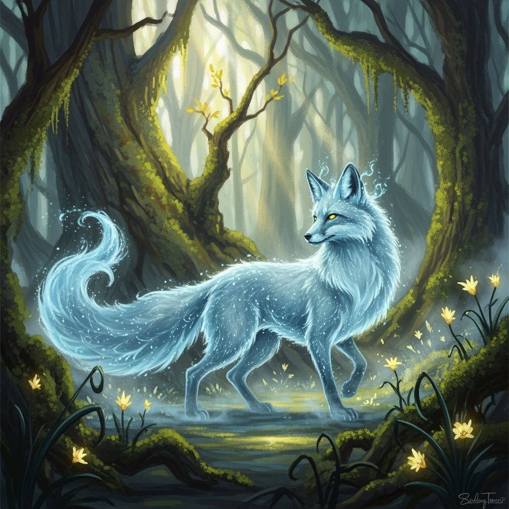 Majestic Water Fox Spirit in Enchanted Forest