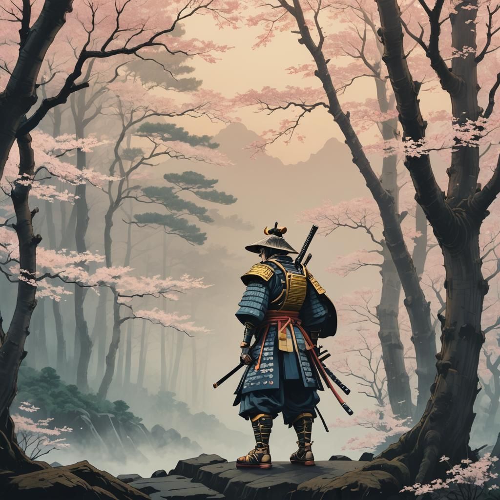Samurai in Misty Forest: Ukiyo-e Digital Illustration
