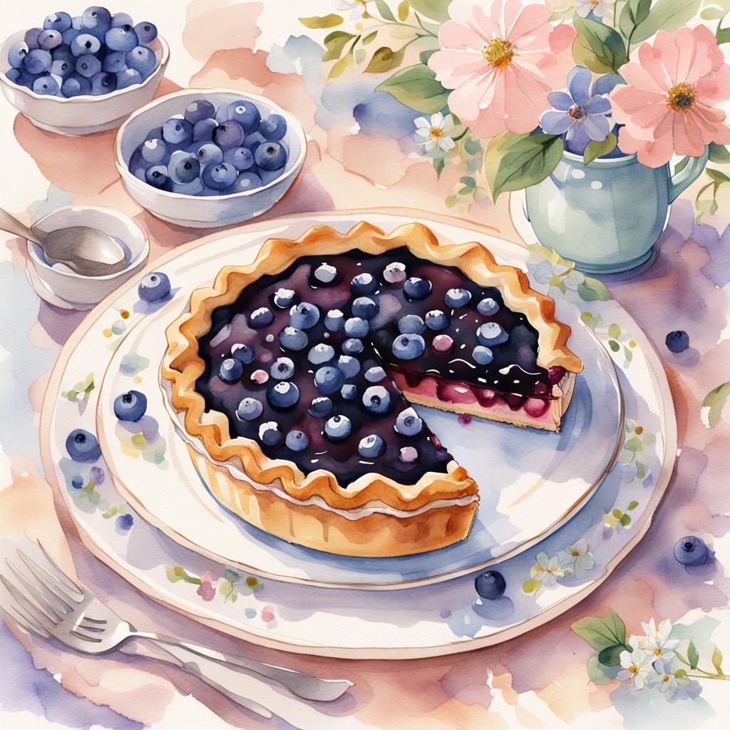Blueberry Pie: Watercolor Illustration in Anime Style