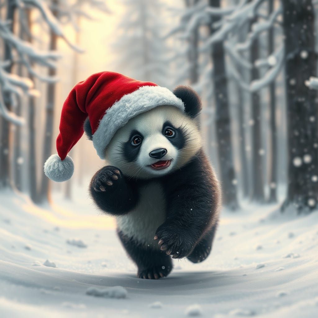 Baby Panda Runs Through Snowy Forest in Festive Atmosphere