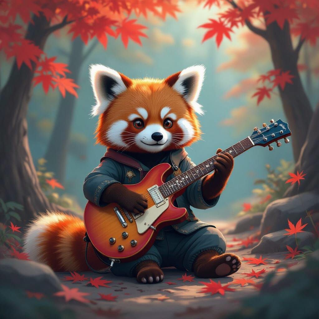 Red Panda Guitarist in Anime Style Maple Forest