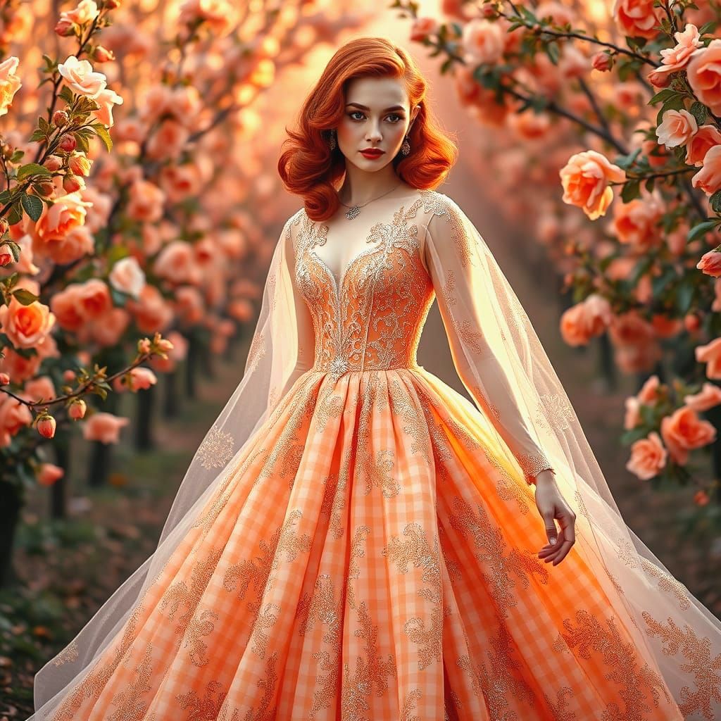 Early 1960s Gingham Goddess in a Vibrant Peach Orchard